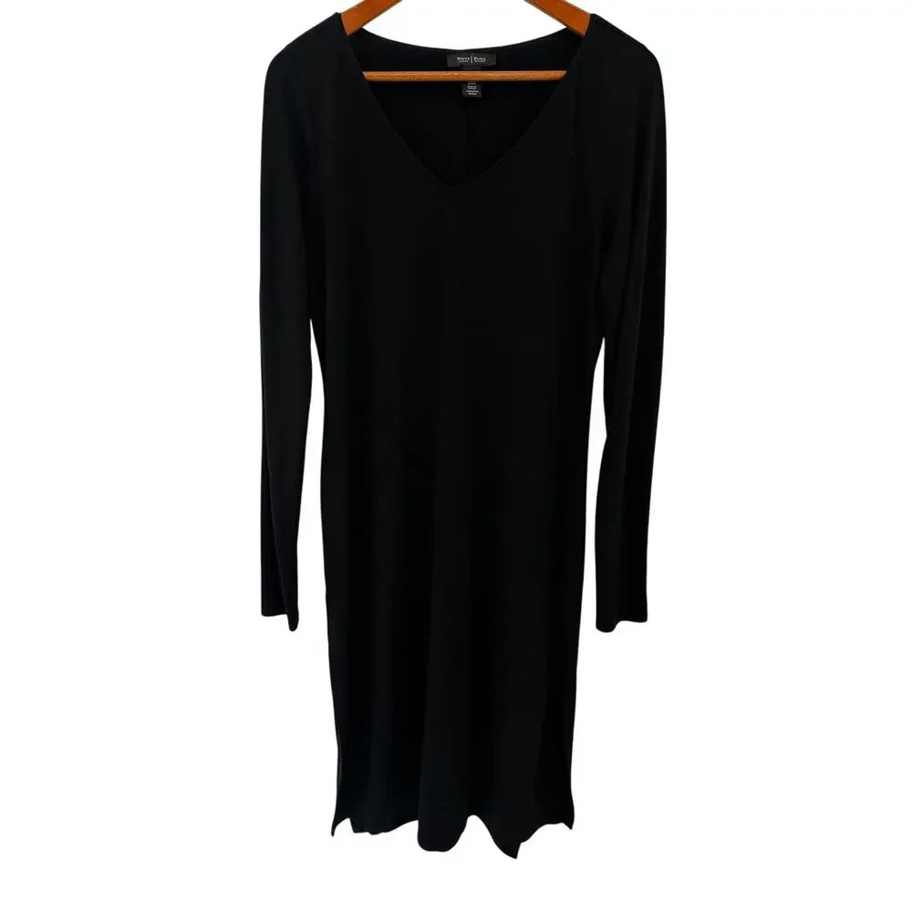 WHITE HOUSE BLACK MARKET Black V-Neck Side Slit Long Sleeve Dress // M